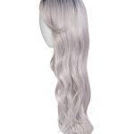 Long silver wavy wig displayed on a mannequin head.