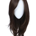 Long brown wavy wig displayed on a mannequin head.