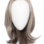 Gray and brown wavy wig displayed on a mannequin head.