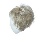 Short blonde wig with layered, tousled style on a white mannequin head.