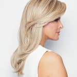 Blonde wavy wig styled for women, perfect for a natural look.