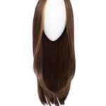 Long straight brown wig with subtle highlights on a mannequin head.