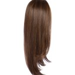 Long straight brown wig with natural shine and smooth texture.
