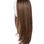 Long straight brown wig displayed on a white mannequin head.