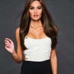 Beautiful woman with long, wavy brown wig and elegant outfit.