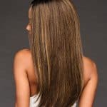 Beautiful long straight highlighted wig showcasing natural hair texture and color.