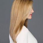 Long blonde wig with straight hair, side profile view.