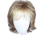 Wavy blonde and brown wig displayed on a mannequin head.