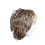 Short blonde wig with layered style on a white mannequin head.
