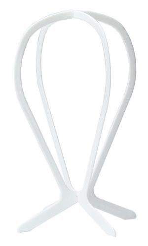 White wig stand for displaying wigs and hairpieces.