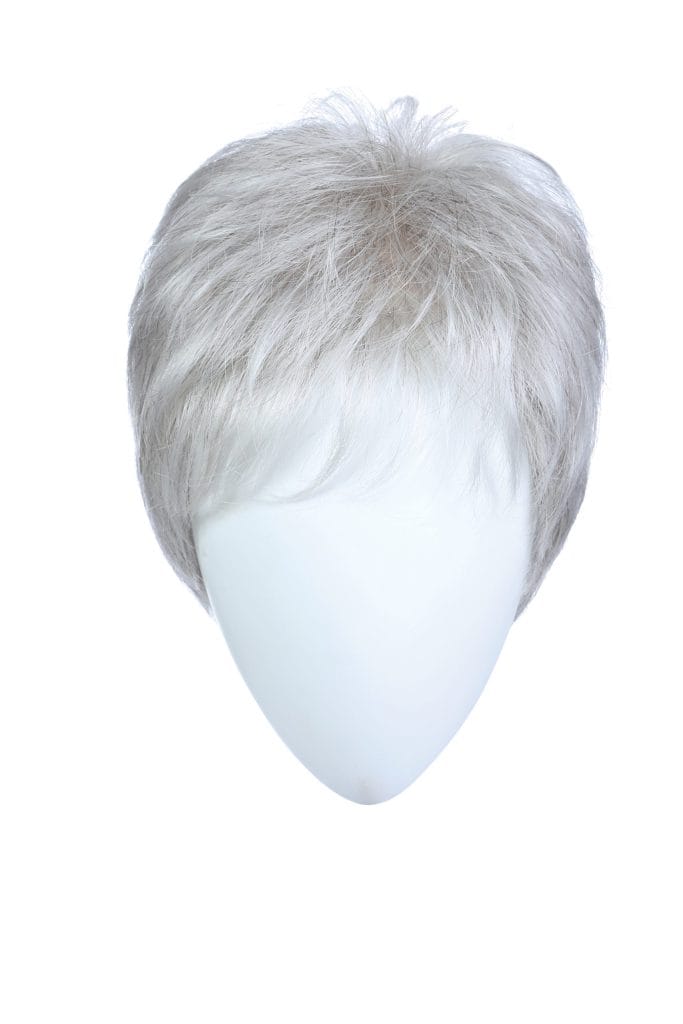 Short, layered silver wig with textured style on a mannequin head.