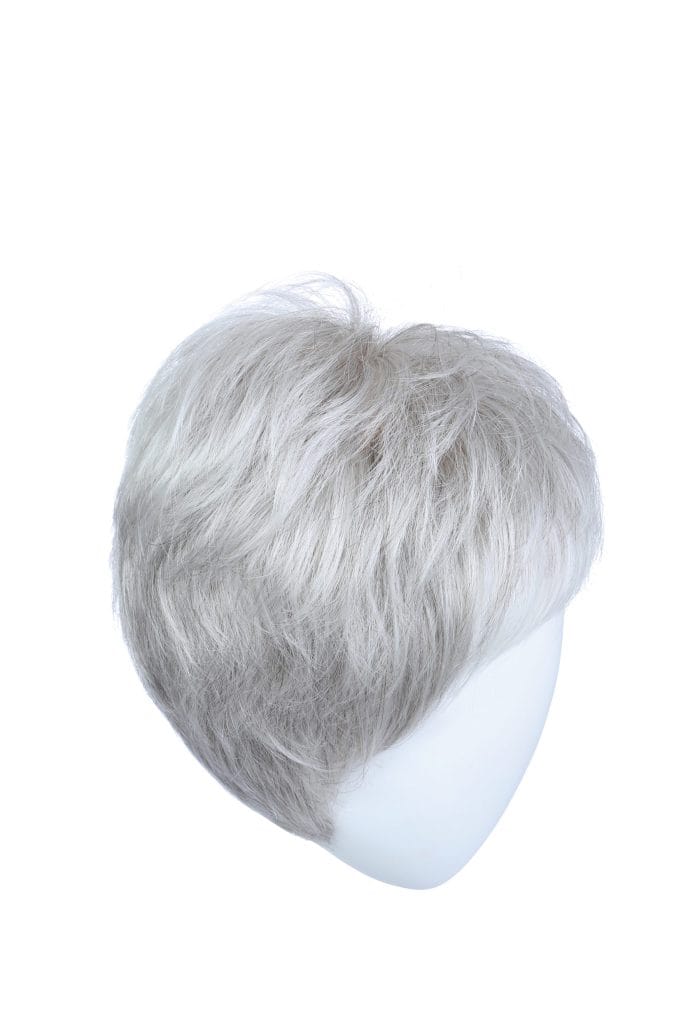 Short gray wig with layered style on a white mannequin head.