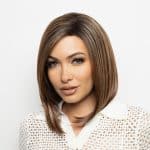 Elegant shoulder-length bob wig in warm brown shades for a sophisticated look.