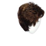 Short brown wig with layered style on a white mannequin head.