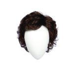 Curly brown wig displayed on a mannequin head for Hidden Secrets Wigs.