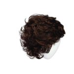 Curly brown wig displayed on a white mannequin head.