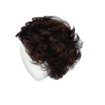 Curly brown wig displayed on a white mannequin head.