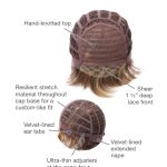 Close-up of a lace front wig with hand-knotted top and velvet-lined ear tabs.