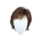 Short brown wig displayed on a white mannequin head for natural look.