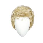 Blonde short wig displayed on a mannequin head for hair styling.