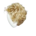 Blonde curly wig displayed on a white mannequin head.