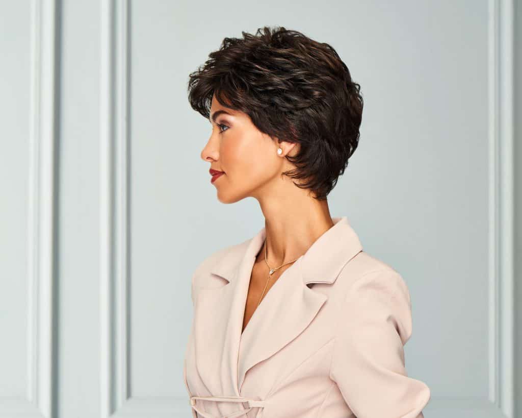 Short wavy wig styled for women with a professional look.