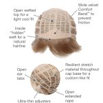 Close-up of a wig cap with open weft top and stretch material for custom fit.