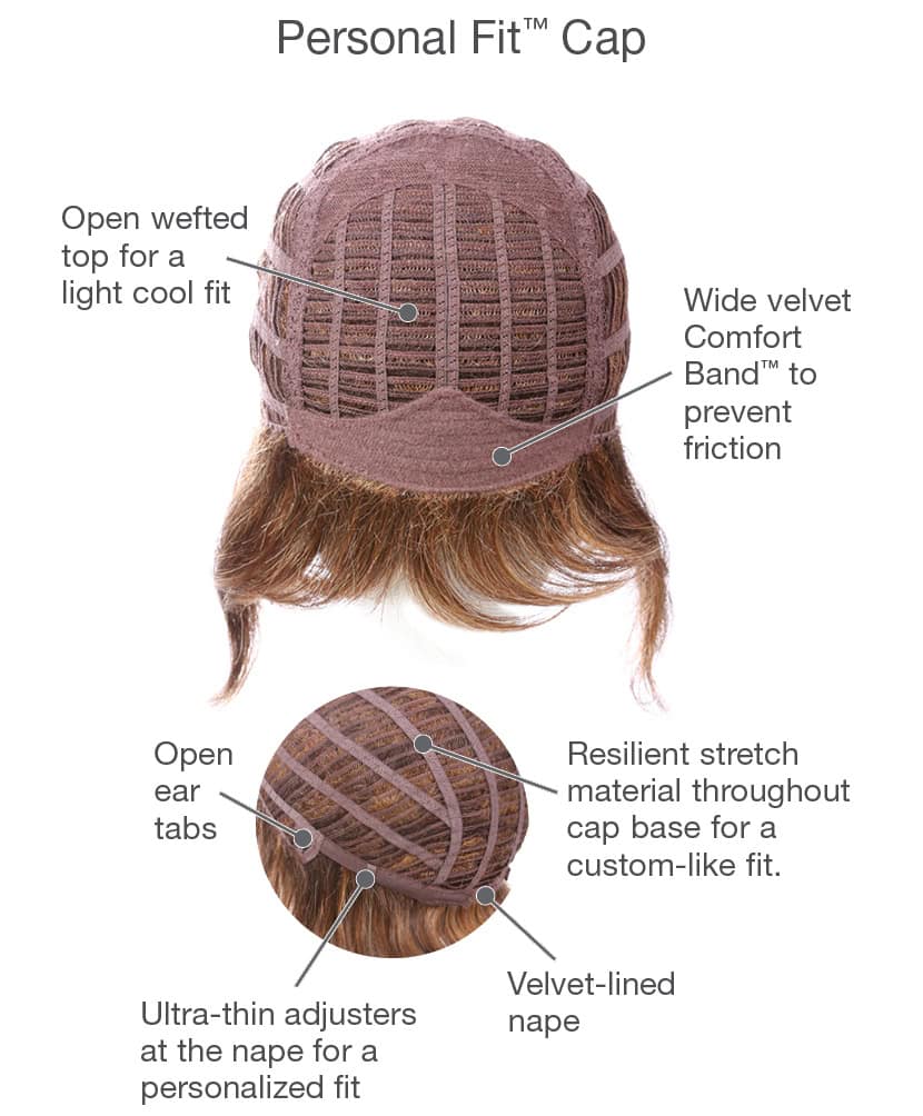 Wig cap with adjustable straps, open ear tabs, and velvet lining for comfort.