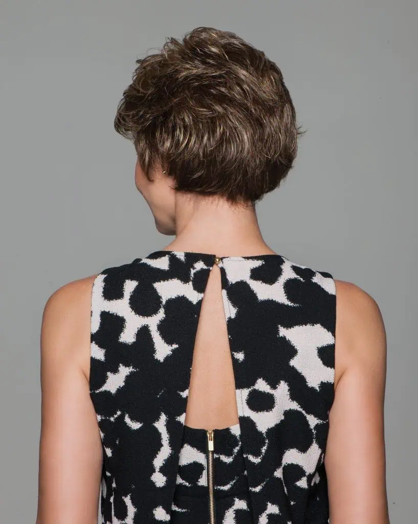 Short brown wavy wig styled for women, back view, on gray background.