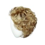 Curly blonde wig with voluminous curls on a white mannequin head.