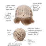 Wig cap with open weft top, ear tabs, and stretch material for custom fit.