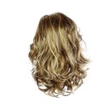 Curly blonde wig with layered waves for a natural look.