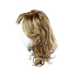 Blonde wavy wig on a white mannequin head for socialite style.