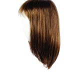Long brown human hair wig with natural shine and straight style.