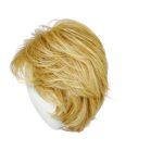 Blonde short layered wig on a white mannequin head.