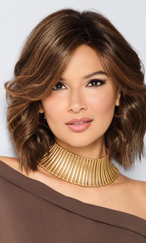 Beautiful woman with shoulder-length wavy wig and gold choker necklace.