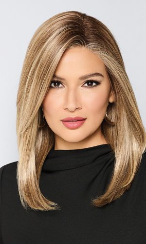 Elegant blonde wig with layered cut for a glamorous look.