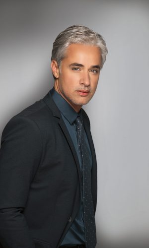 Man with silver hair in a formal suit and tie, professional look.