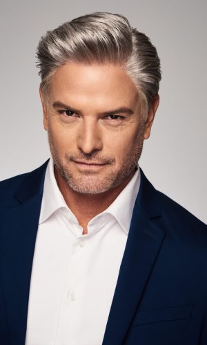 Stylish silver hair wig for men, professional look, distinguished appearance.