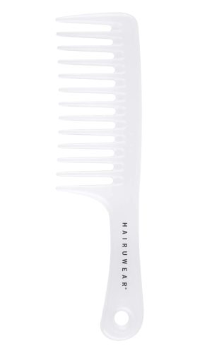 White wide-tooth comb for wig styling and detangling.