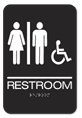 Accessible restroom sign with wheelchair symbol and male/female icons.