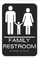 Accessible family restroom sign with wheelchair symbol and parent-child icon.