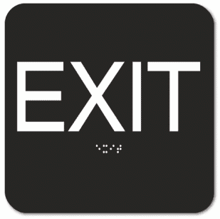 Black exit sign with white 'EXIT' text and Braille for accessibility.