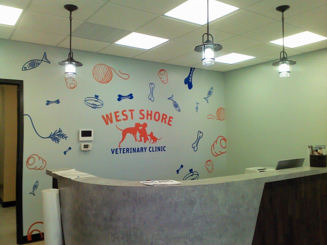 Reception desk at West Shore Veterinary Clinic with fish and bone wall decor.