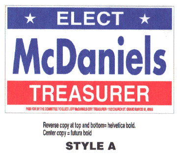 Election campaign sign for McDaniels Treasurer with blue, red, and white colors.