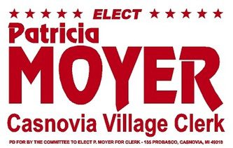 Elect Patricia Moyer campaign sign with red text and stars for village clerk.