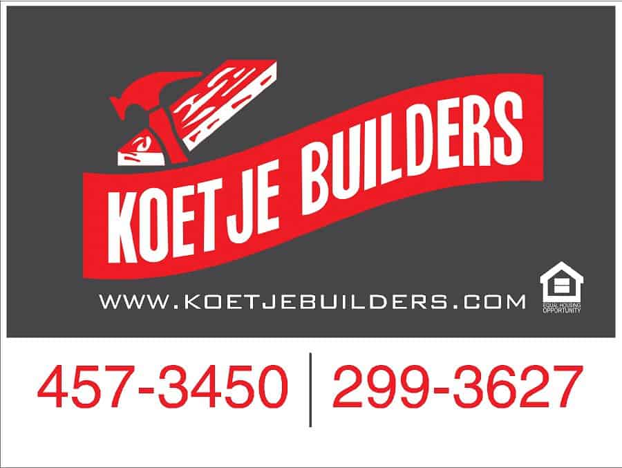 Koetje Builders logo with phone numbers and website in red and black.
