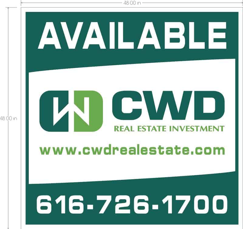 Real estate investment sign with CWD logo and contact info.