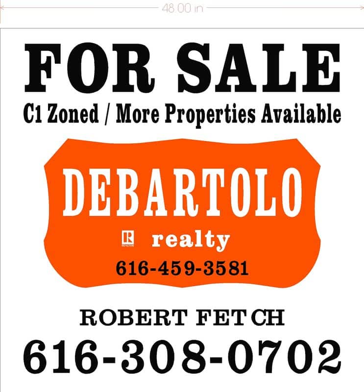 For sale sign with property details and contact information.