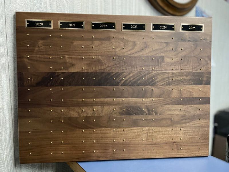 Wooden planning board with years from 2020 to 2025 for scheduling.